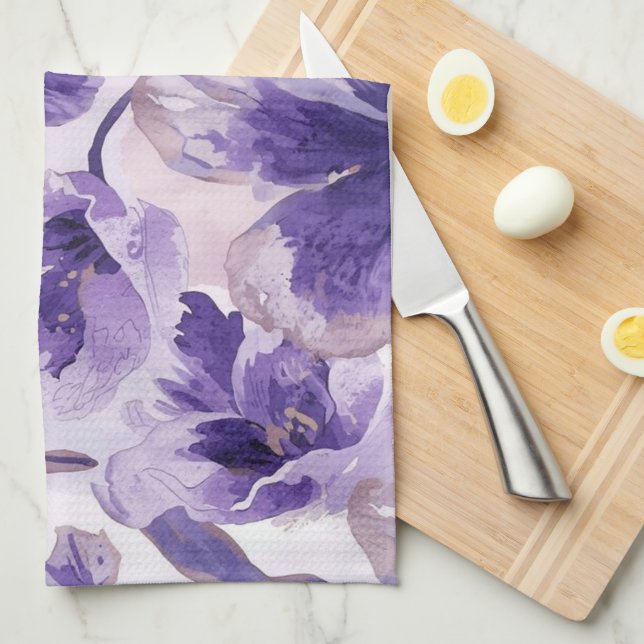 Paño De Cocina Flores de Acuarela Violeta Pintadas (Doblado Cuarto)