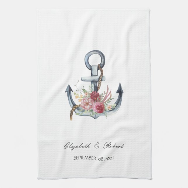 Paño De Cocina Flores de ancla de acuarela náutica (Vertical)