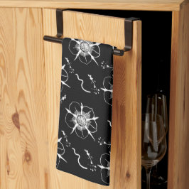 Paño De Cocina Flores De Arte De La Línea Blanca En Negro