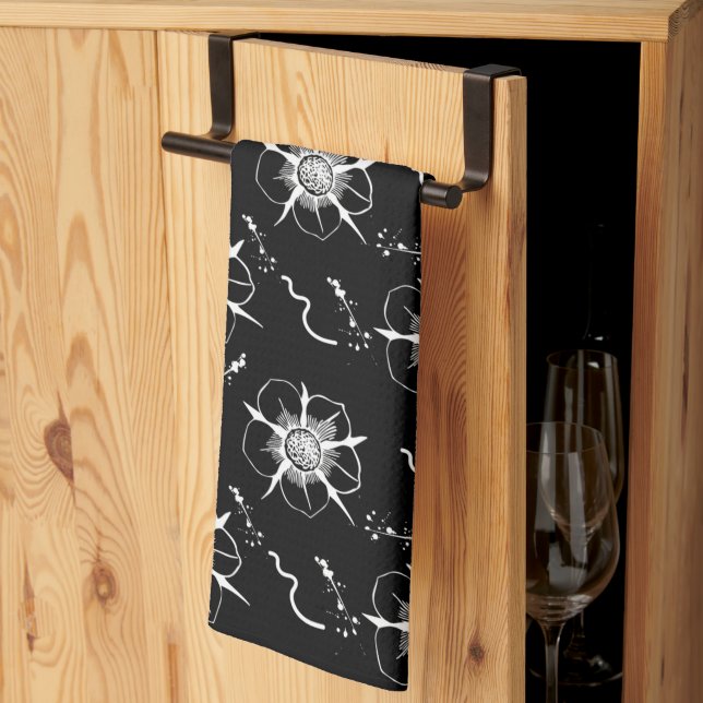 Paño De Cocina Flores De Arte De La Línea Blanca En Negro (Pliegue de tercios)