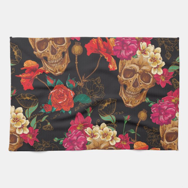 Paño De Cocina Flores De Calavera: Fondo Oscuro Sin Marea. (Horizontal)