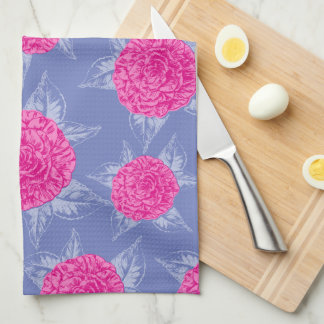 Paño De Cocina Flores de camellia y hojas boceto de tinta azul ro