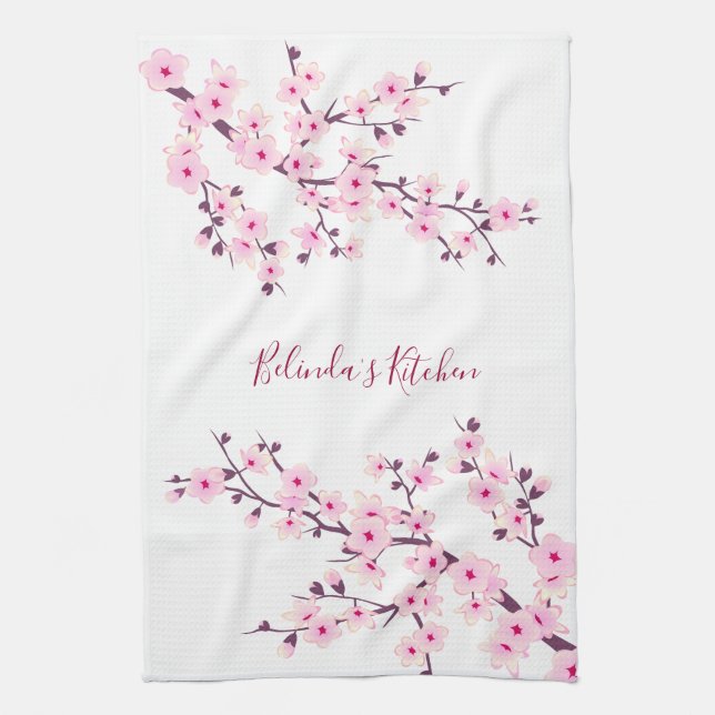 Paño De Cocina Flores de Cerezo Rosa Blanco Personalizable (Vertical)