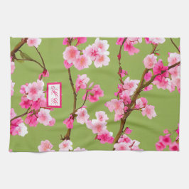 Paño De Cocina Flores de cerezo rosa Chartreuse Verde Monogramado