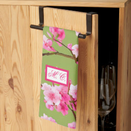 Paño De Cocina Flores de cerezo rosa Chartreuse Verde Monogramado