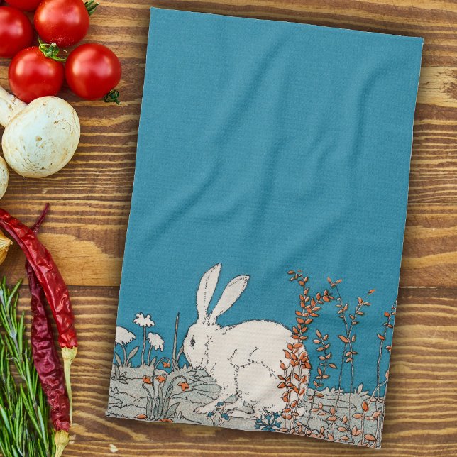 Paño De Cocina Flores de conejito blanco en azul oscuro (White rabbit sitting on ground in orange and white flowers medium blue kitchen hand towel.)