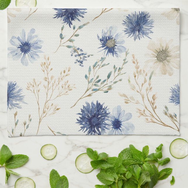 Paño De Cocina Flores de Crema Azules (Doblado)