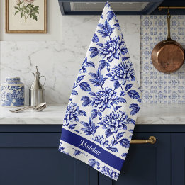 Paño De Cocina Flores de Dalia Azules y Blancas Toile de Jouy