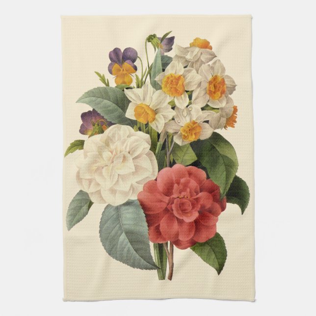 Paño De Cocina Flores de época, camellias y narcisos, Redoute (Vertical)