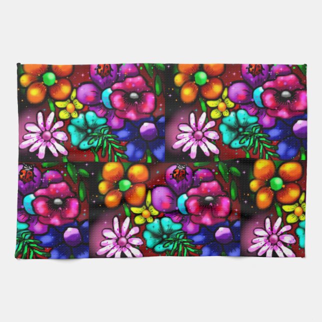 Paño De Cocina Flores de estilo graffiti y rojo morado rosado de  (Horizontal)