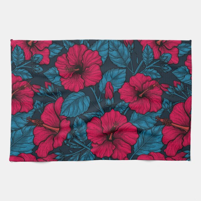 Paño De Cocina Flores de hibiscos rojos (Horizontal)