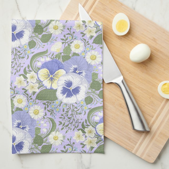 Paño De Cocina Flores de jardín de primavera sobre lavanda (Doblado Cuarto)