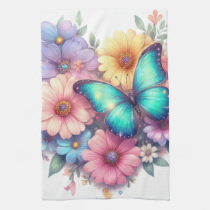 Paño De Cocina Flores de margarita con una hermosa mariposa