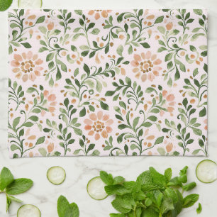 Paño De Cocina Flores de melocotón rosado hojas verdes