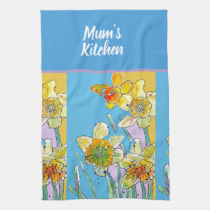 Paño De Cocina Flores de narciso amarillas acuarela floral