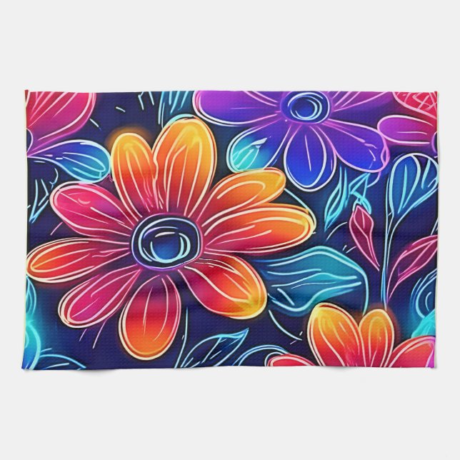 Paño De Cocina Flores de neón florecen brillantes (Horizontal)