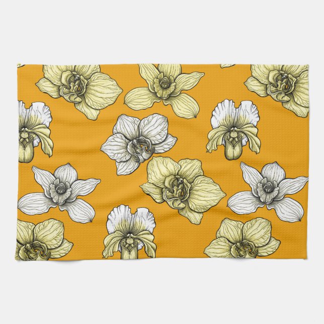 Paño De Cocina Flores de orquídea amarilla y blanca (Horizontal)