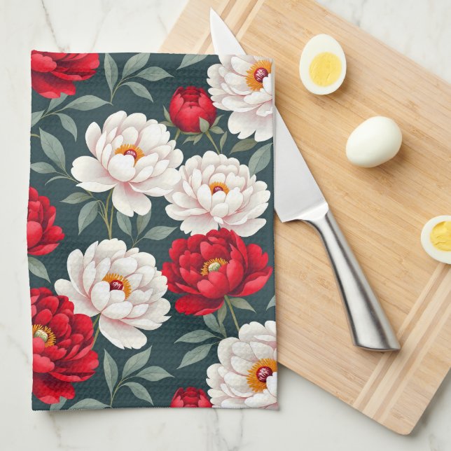 Paño De Cocina Flores de peonía rojas y blancas (Doblado Cuarto)
