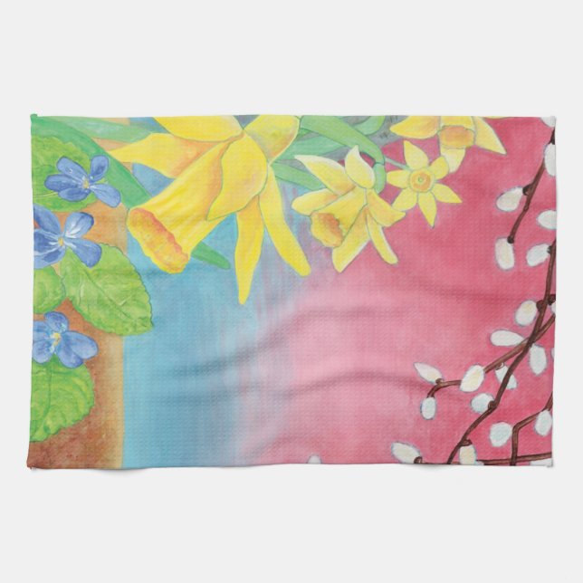 Paño De Cocina Flores de primavera - Daffodils, Willow, Violetas (Horizontal)