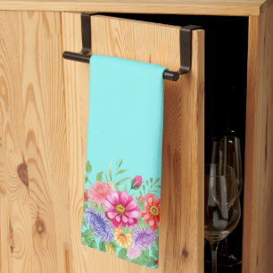 Paño De Cocina Flores de primavera sobre fondo Verde azulado
