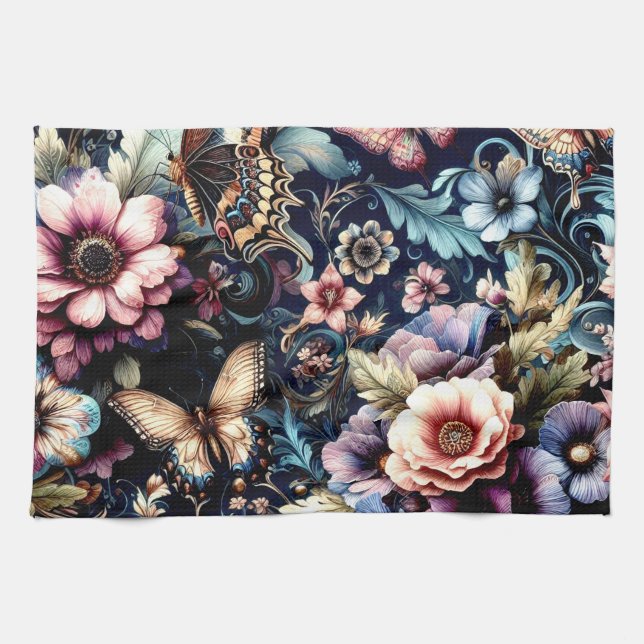 Paño De Cocina Flores de primavera y mariposas antiguas (Horizontal)