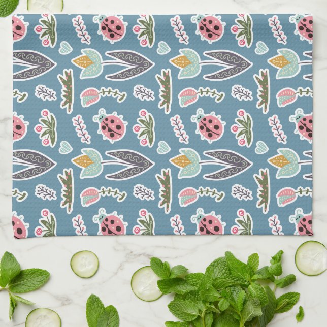 Paño De Cocina Flores de primavera y patrón de parásitos (Doblado)