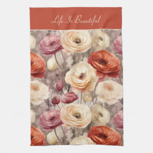 Paño De Cocina Flores de Ranunculus rojas rosadas crema