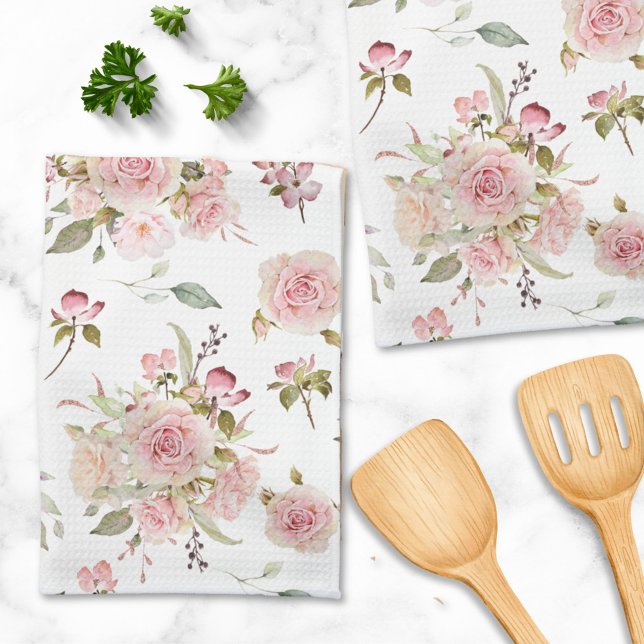 Paño De Cocina Flores de Rosa Rosa Acuarela Patrón Floral (In situ)