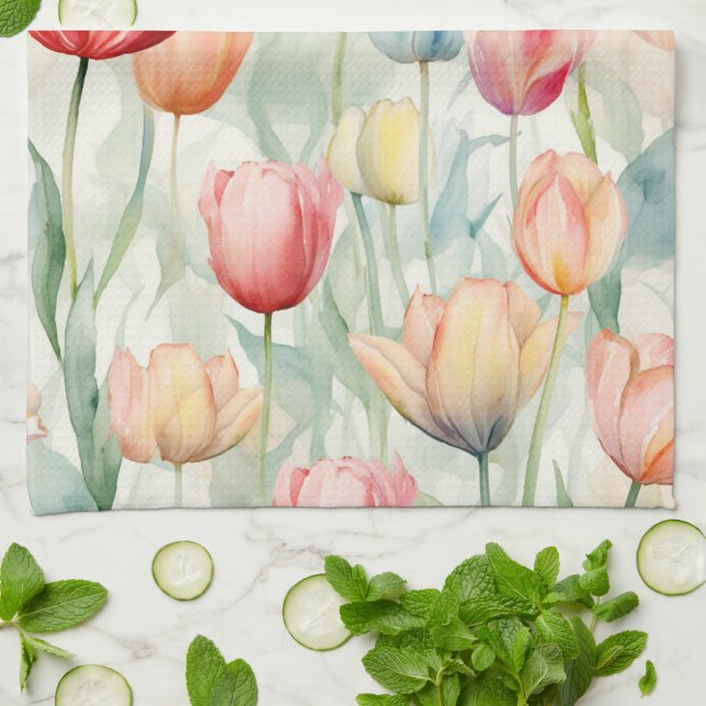 Paño De Cocina Flores de tulipanes amarillos rojos de granja (Doblado)