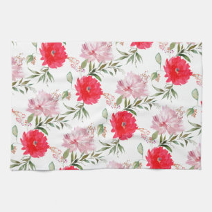 Paño De Cocina Flores de verano de acuarela rosa y verde boho