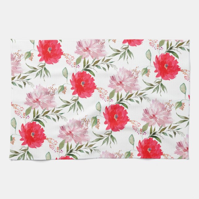 Paño De Cocina Flores de verano de acuarela rosa y verde boho (Horizontal)
