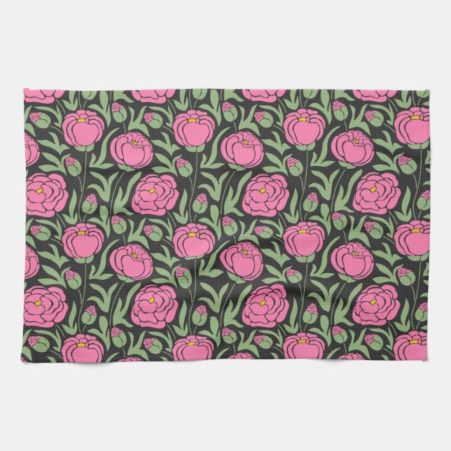 Paño De Cocina Flores elegantes de peones rosados (Horizontal)