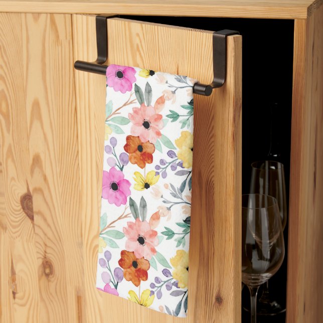 Paño De Cocina Flores florales rosas, rojas y amarillas acuarela (Pliegue de tercios)