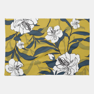 Paño De Cocina Flores florecientes: Amarillo Vintage sin foco.