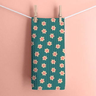 Paño De Cocina Flores hippie retro en Verde azulado