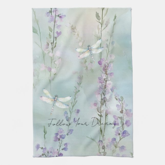 Paño De Cocina Flores Lilas Románticas Hermosas Libélulas (Vertical)