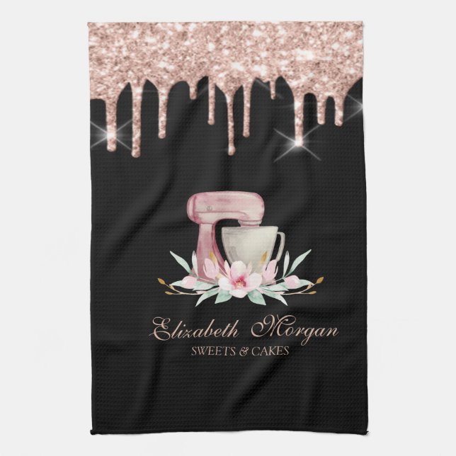 Paño De Cocina Flores Mixer Rose Gold Drips Panadería Negro  (Vertical)
