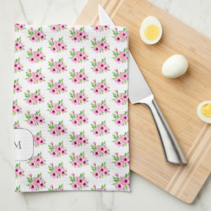 Paño De Cocina Flores monogramadas de acuarela rosa bonitas