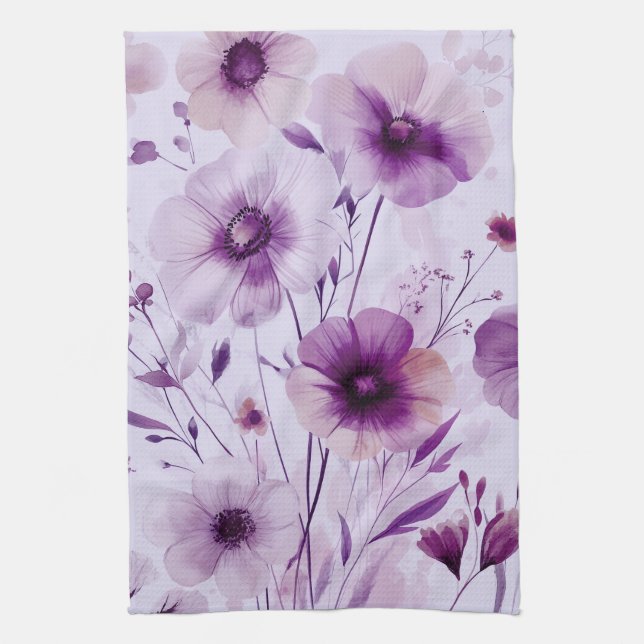 Paño De Cocina Flores Moradas Acuarela Flores Elegantes (Vertical)