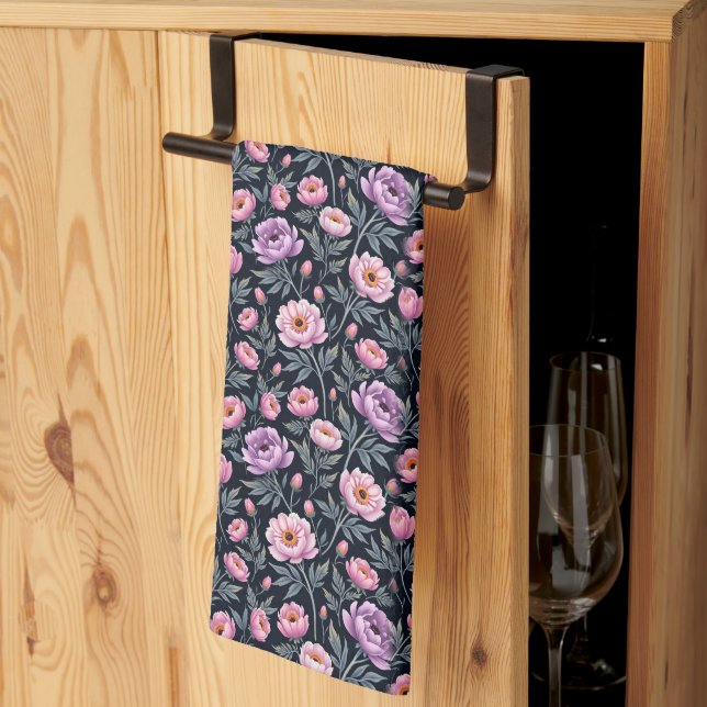 Paño De Cocina Flores moradas y rosas blandas (Pliegue de tercios)