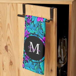 Paño De Cocina Flores moradas y Verde azuladas y follaje personal