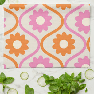 Paño De Cocina Flores naranjas y rosas sobre el ocre retro