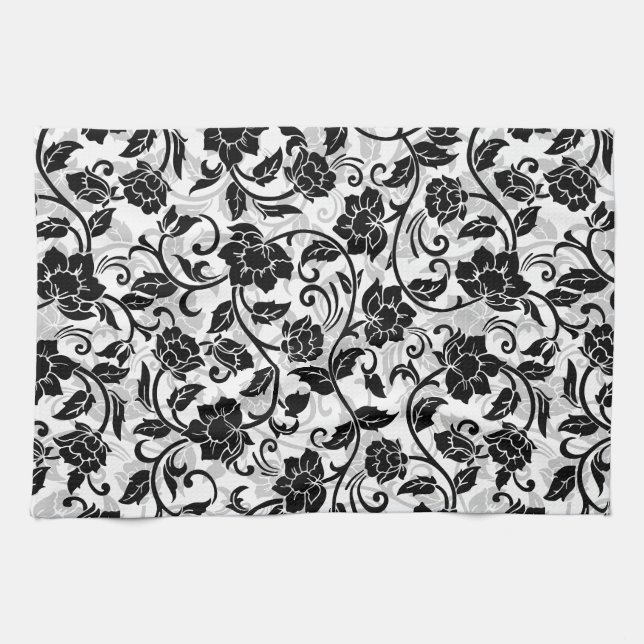 Paño De Cocina Flores negras y grises giratorias (Horizontal)