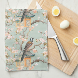 Paño De Cocina Flores Pastel Oriental de aves y frutas