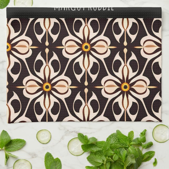 Paño De Cocina Flores Patrón floral beige amarillo batik (Doblado)