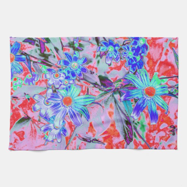 Paño De Cocina Flores retro psicodélicas de Aqua verde y Naranja (Horizontal)