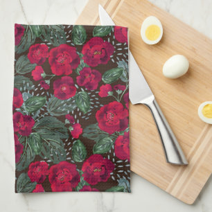 Paño De Cocina Flores rojas, acuarela floral.