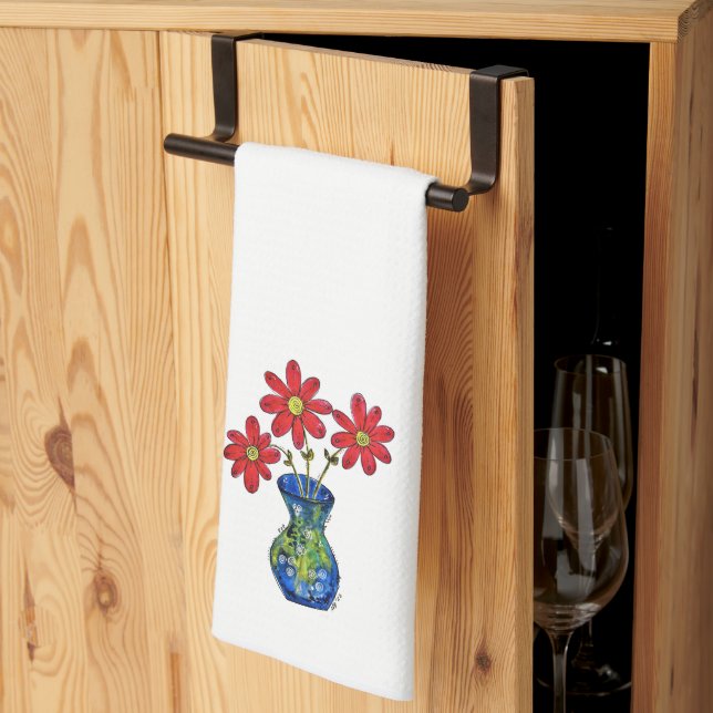 Paño De Cocina Flores rojas caprichosas en la malla azul (Pliegue de tercios)