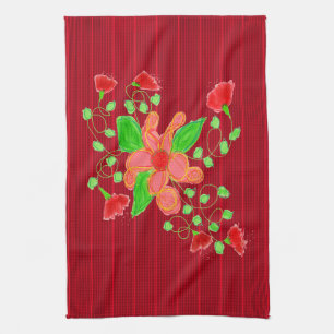 Paño De Cocina Flores Rojas Con Pinstripe Negra