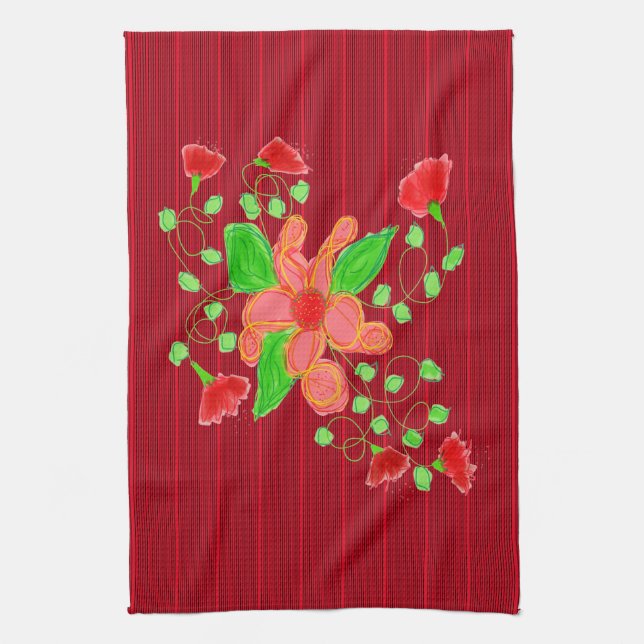 Paño De Cocina Flores Rojas Con Pinstripe Negra (Vertical)